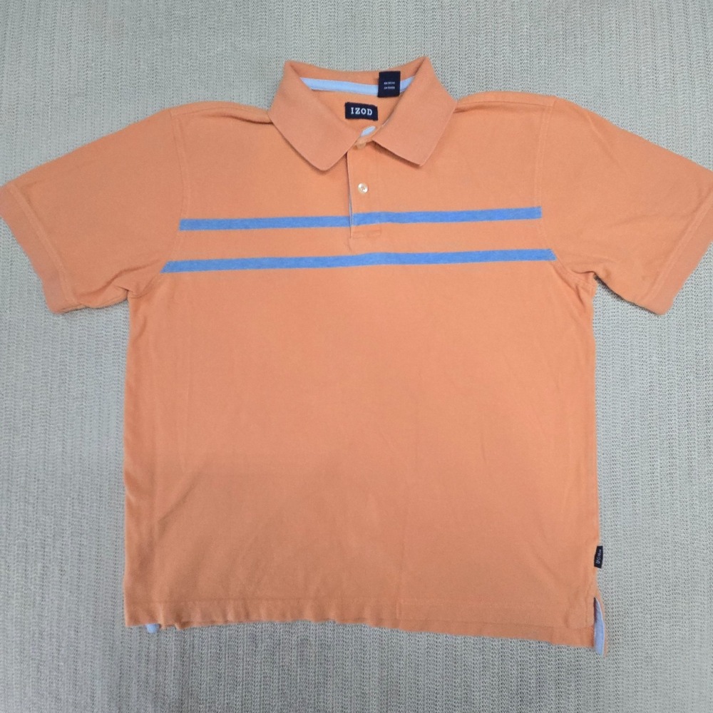 Izod Polo Shirt Mens Medium Orange Blue Striped Short Sleeve Cotton